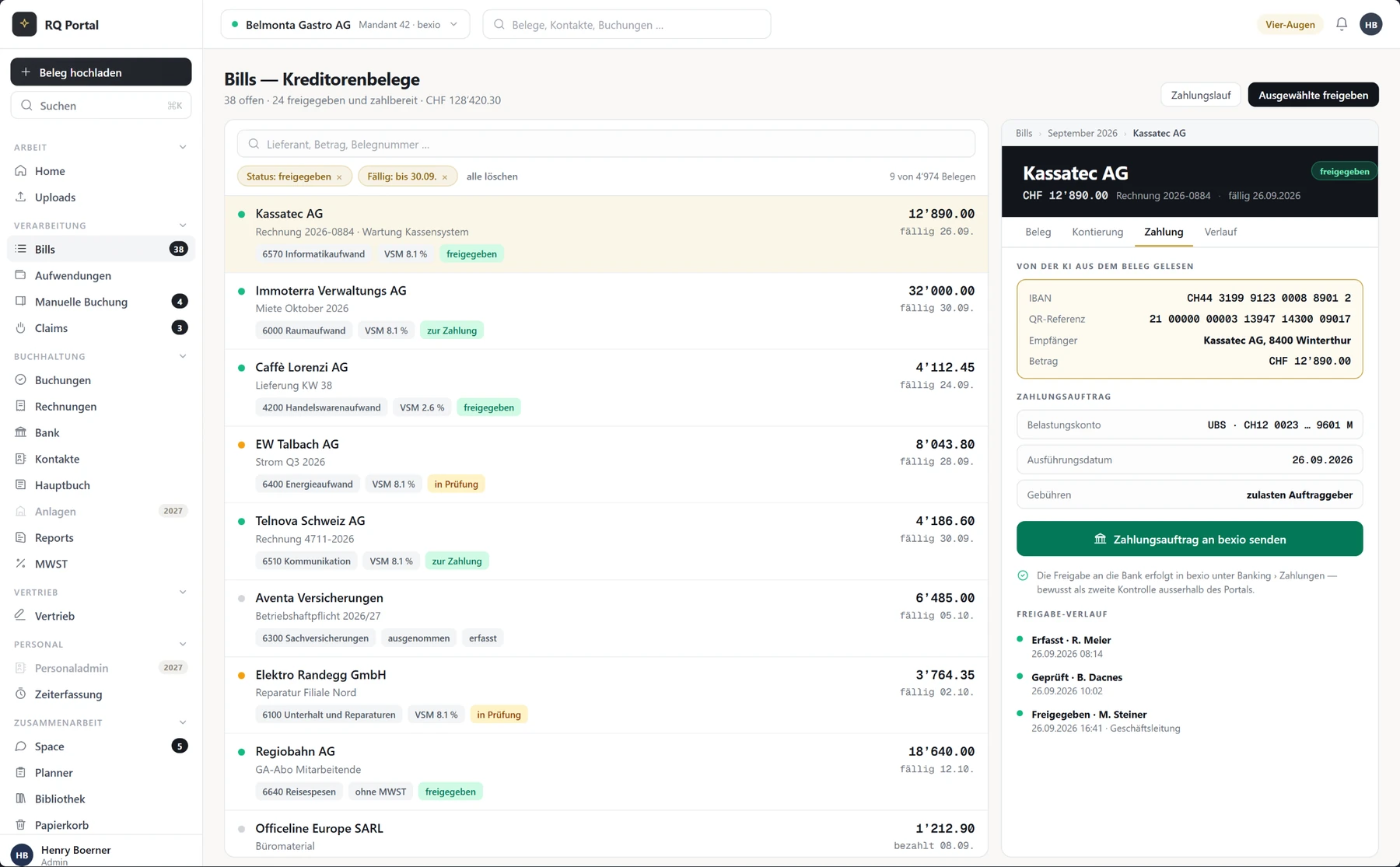 RQ-Portal-Produktvorschau: Kreditorenbelege, KI-Kontierung und Freigabestatus mit Musterdaten